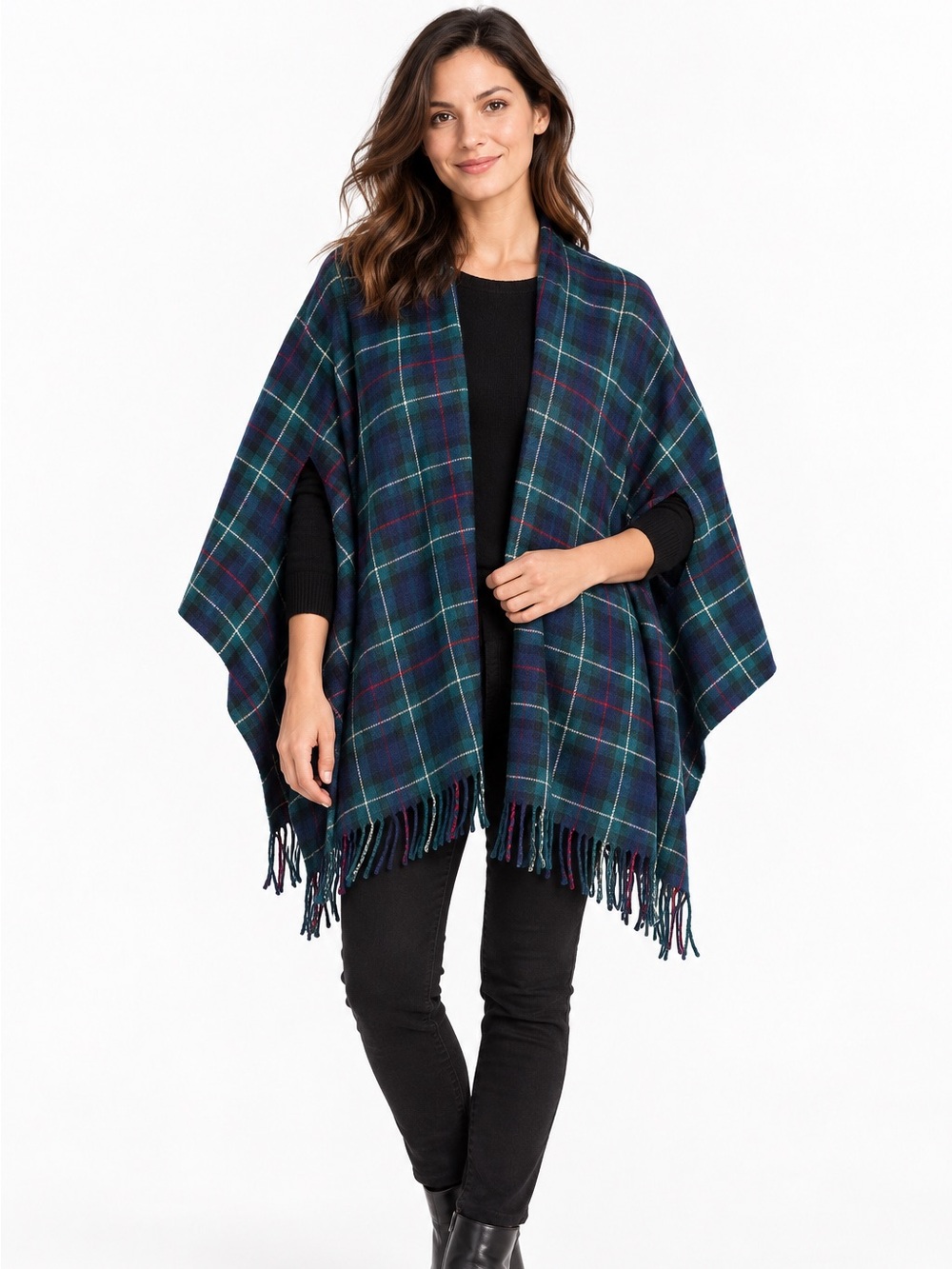 J.Crew Navy & Green Plaid Wool Blend Cape Scarf Arm Openings & Fringe Preppy